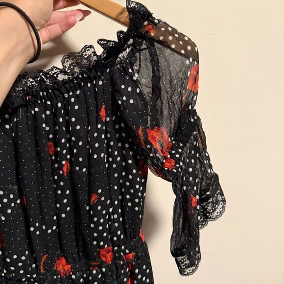 The Kooples Popi Pop Floral Chiffon Lace Trim Off Shoulder Dress- Size 1 (Small) - Picture 4 of 10